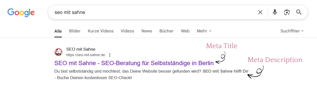 SEO mit Sahne Meta Title und Meta Description in der Googlesuche verdeutlicht